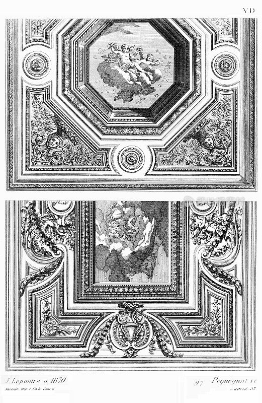 天花板，Pierre Lepautre，约1670年(2个图案)，路易十四时期，Old decor 1875年。